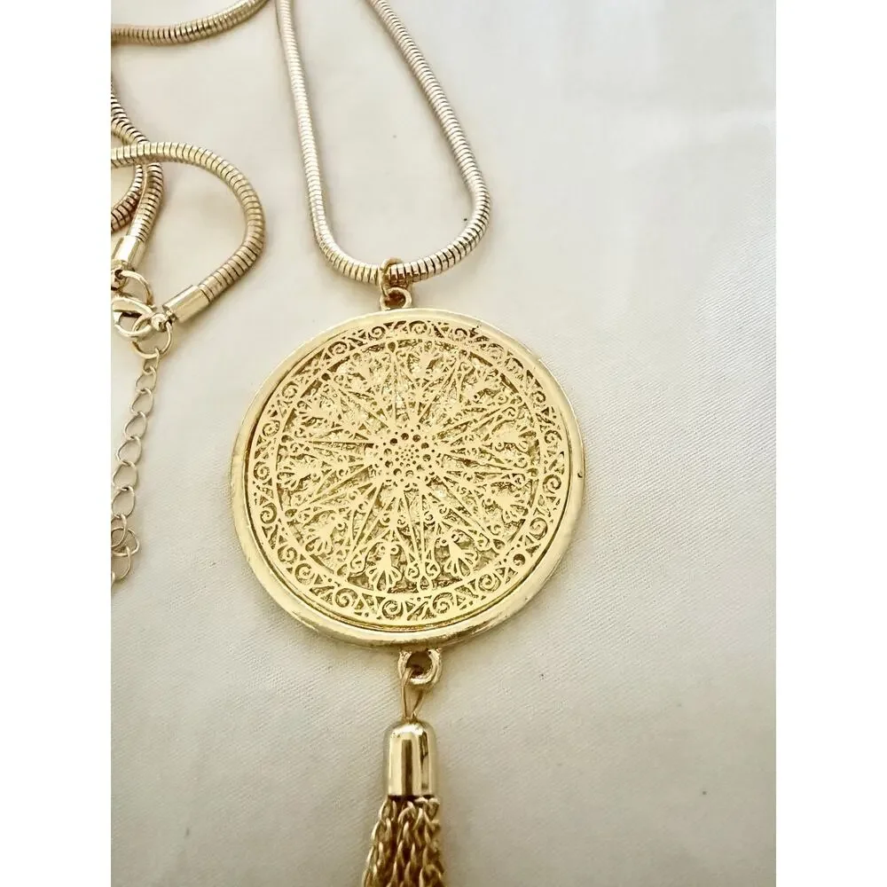 Vintage Long Pendant Necklace Gold Tone Snake Chain Etche with Tassel 32” Long